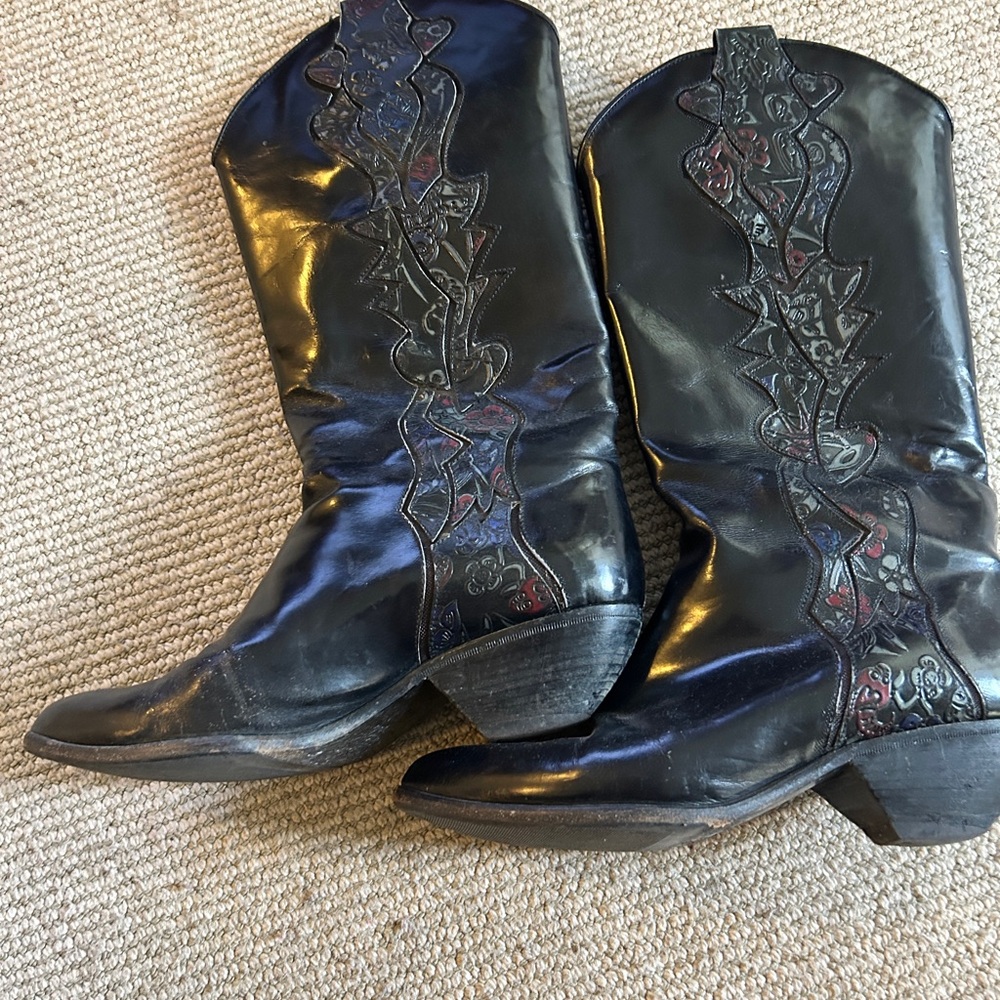 Black Embroidered Printed Cowboy Boots